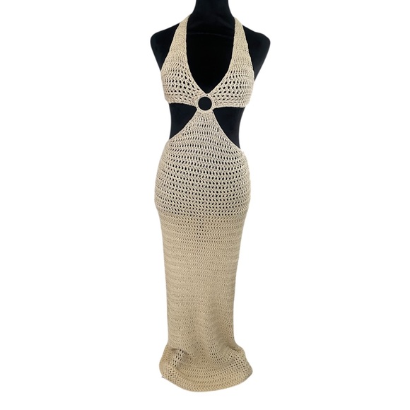 Dresses & Skirts - Resort,Vacation,Beach Tan crochet ring cut-out sweater dress,halter,tie,Large